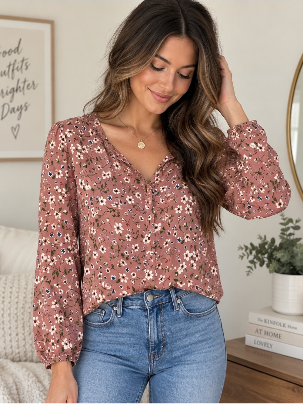 Emery Rose Floral Long Sleeve Blouse Size Medium Mauve Pink Cottagecore Boho